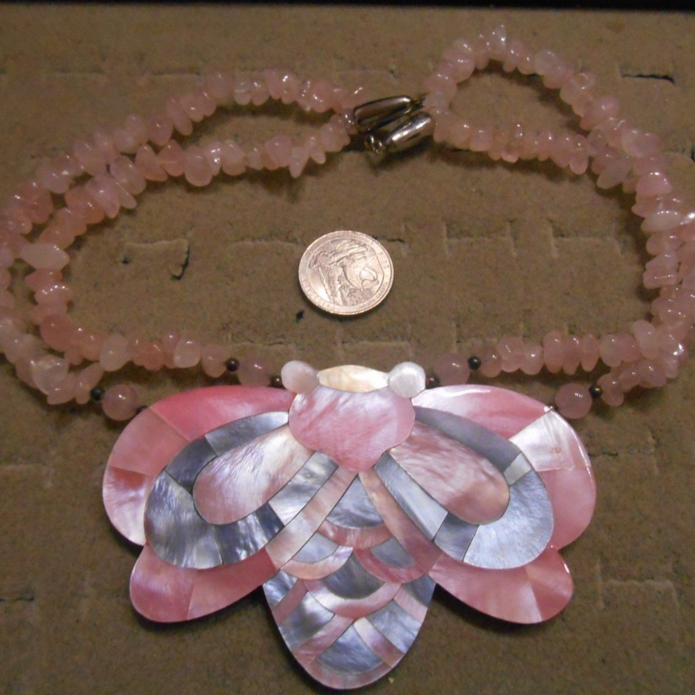 inlaid pink quartz gemstone insect bug necklace